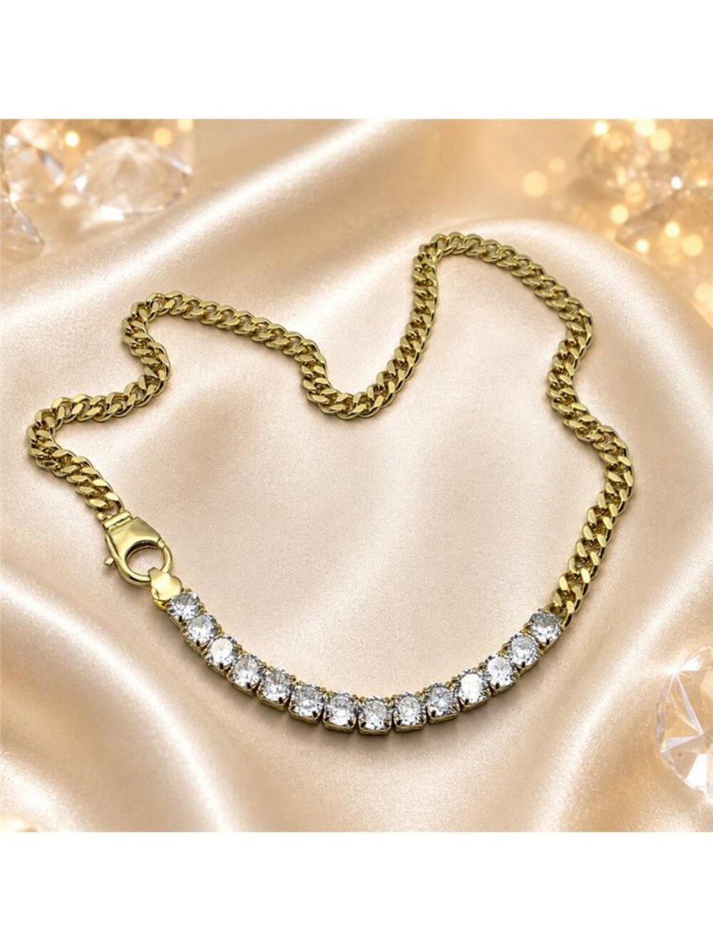 Gold Tone Crystal Tennis Bar Necklace 17in Curb Cuban Chain Statement Collar